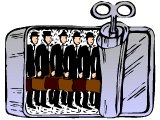 Men in business suites, squashed together in a row in a sardine can